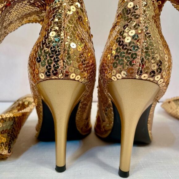 GOLD THIGH HIGH SEQUIN BOOTS w INSIDE ZIPPER 4” HEEL - Picture 3 of 5